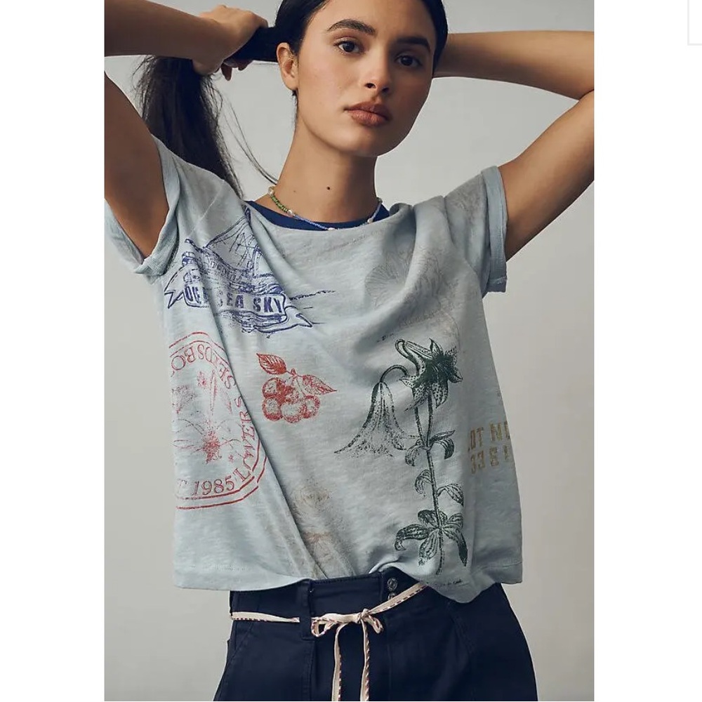Pilcro stamp printed  graphic tee shirt  XS Anthro